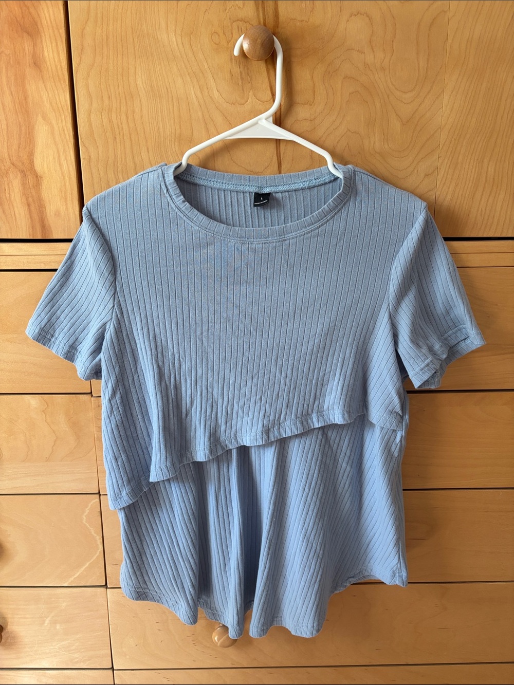 SHEIN Light Blue Ribbed Layered Short Sleeve Maternity/Nursing Top NWOT